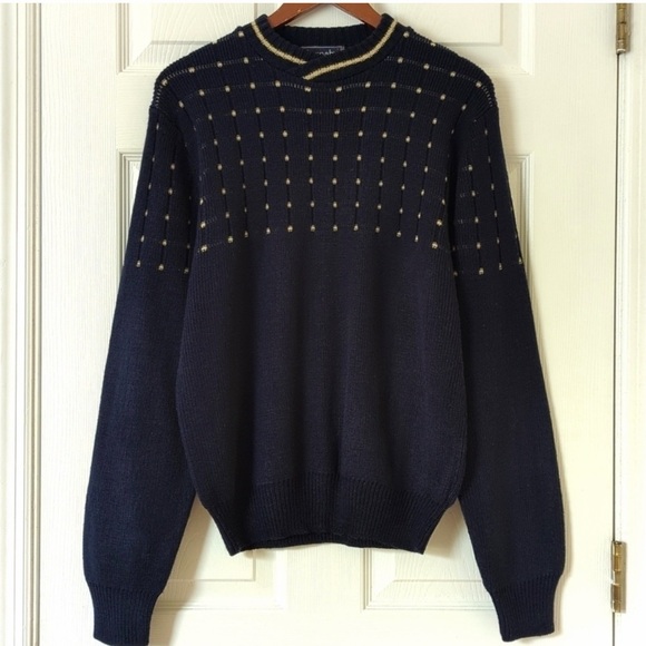 Barnaby Other - Barnaby 80's Vintage Funky Ribbed & Dotted Yoke Knit Crewneck Sweater Navy Large